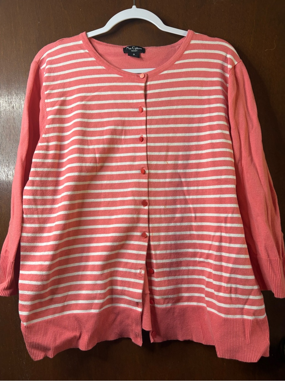 Nue Options Coral and Ivory Striped Button-Front Cardigan